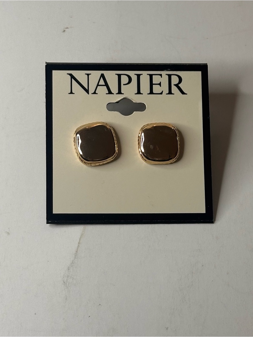 Napier Square Gold Tone Hammered Stud Earrings Braided Outline Texture NEW